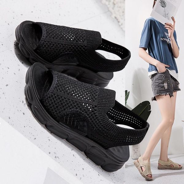 sandals 2021 summer women's mesh flat beach shoes fashion casual student large size platform women, Black